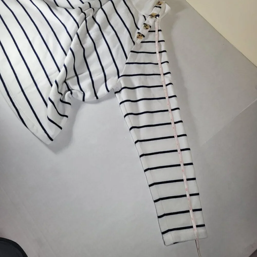 J.Crew Women White Navy Stripe Button Neck Long Sleeve Cotton Blend Tunic Size L